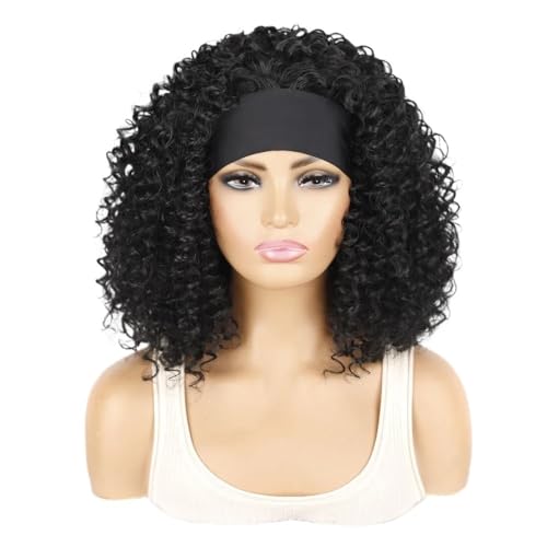 Peluca sintética rizada Yaki de 18 pulgadas negra natural estilo media peluca