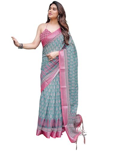 Image of SIRIL Women's Cotton Linen Printed Saree with Unstitched Blouse Piece