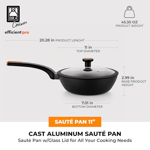Image of BRA COOKWARE Efficient Pro Nonstick Saute Pan w /Lid | 11 Inch - 4.2 Quart Cast Aluminum Deep Skillet | 3-Layer Scratch Resistant Coating | PFOA Free | All Cooktops Skillet | Heat-Resistant Handle