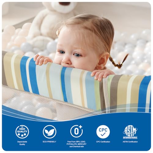 Image of Sweeby Baby Playpen, 59x59 Inch Baby Gate Playpens for Babies and Toddlers, Extra Large Playpen with Door Play Yard for Fence Indoor and Outdoor Play Pen, Khaki Stripe
