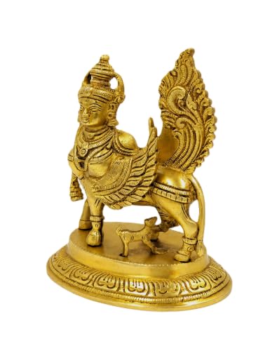 Image of 6-Inch Brass Kamdhenu Cow with Calf Statue - Traditional Sacred Wish-Fulfilling Surabhi Gaumata Murti for Home Temple Mandir, Living Room, and Office Decor - Weight 1350 Grams