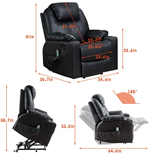 Image of BestMassage Electric Power Lift Chair Recliner Sofa for Elderly Massage Chair, Adjustable Furniture with Vibration Massage and Lumbar Heated,Remote Control,USB Ports for Living Room (Black, Leather)
