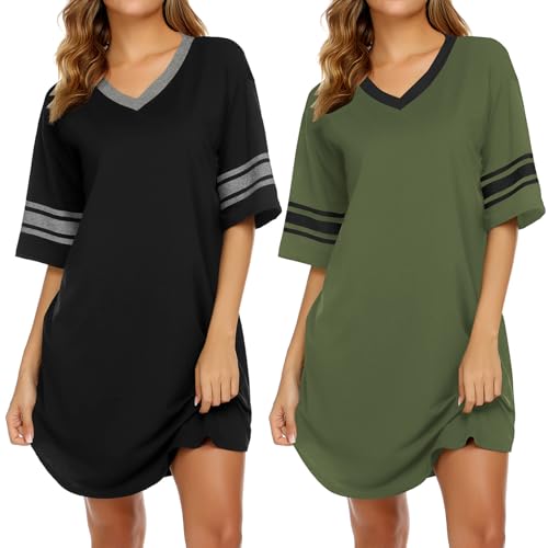 Image of Ekouaer Nightgowns for Women 2 Pack Sleepshirts Short Sleeve Nightshirt V Neck Sleepwear Casual Pajama Dress
