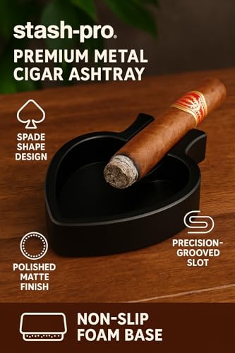Image of Stash-Pro Black Metal Cigar Ashtray - Spade Shape with Polished Matte Finish | Heat-Resistant, Non-Slip Base | Premium Indoor & Outdoor Use Smoking Accessory