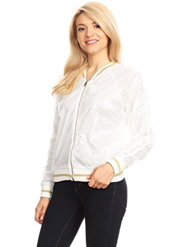 Anna-Kaci Womens Long Sleeve Front Zip Track Stripe Sequin Bomber Jacket, White, Medium