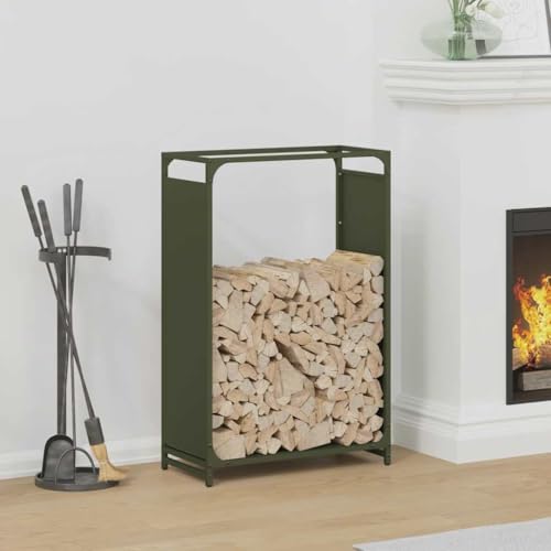 LLEZKBR Estante para leña verde oliva, 60 x 28 x 90 cm, acero laminado en frío