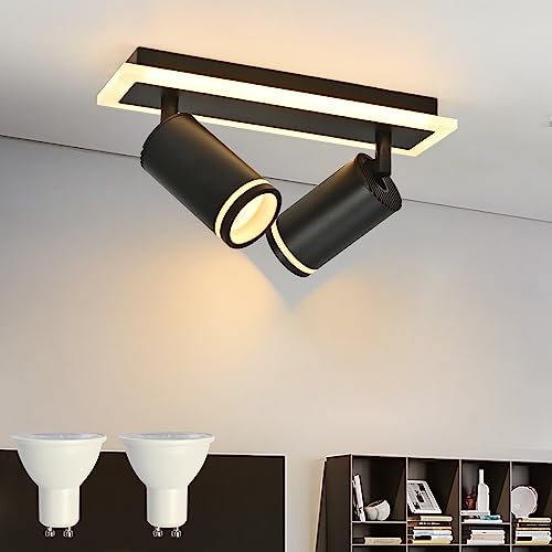 LED Deckenstrahler 2 Flammig Schwenkbar 350°, Deckenleuchte mit unteres Glühen 7W+2x5W GU10 Spots,3000K Warmweiß Deckenlampe strahler ,Modern Deckenspot Lampe,Spotleuchte for Kitchen, Matte Black