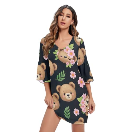 Robe ligne A motif ours mignon col en V élégant vêtement tendance manches 3/4