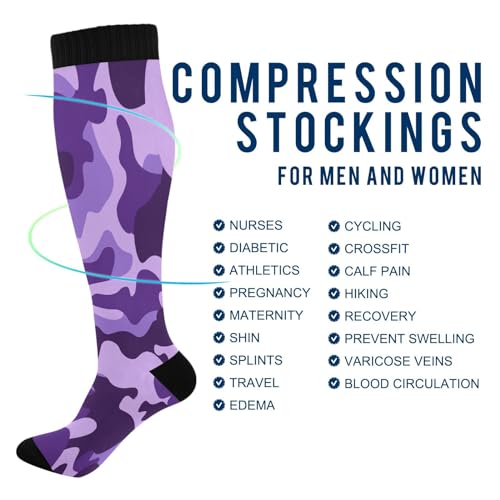 Image of Compression Socks for Men and Women Purple Camo Knee High Socks Support Military Camouflage for Athletic Sport Running Hiking Fitness