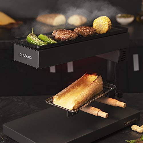 Cecotec Raclette Cheese&Grill 6000 Schwarz. Leistung 600W, Grillfunktion, Edelstahl-Finish, verstellbares Thermostat, 2 Holzspatel, antihaftbeschichteter oberer Grillrost
