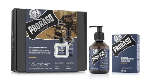 Proraso Kit de cuidado barba hombre Azur Lime (pack dúo), lujoso set de regalo para hombre con champú hidratante y aceite para la barba, Made in Italy