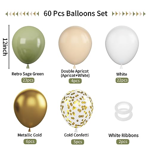 Image of Green & Gold Balloons - 60 Pcs Sage Green & Apricot, 12 Inch Metallic Gold Confetti, Retro Green Latex for Baby Shower, Wedding, Birthday, Jungle Animal Theme Party Decorations
