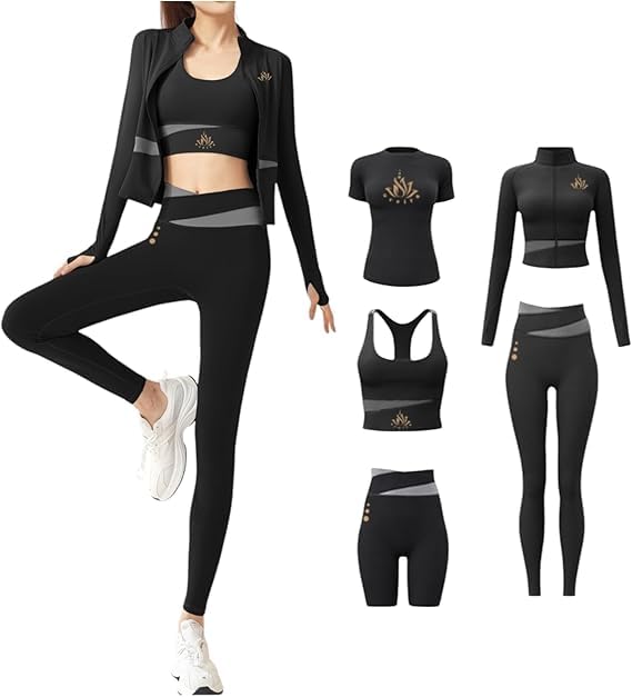 eddika Women Activewear Gymwear Yoga Suit 5-Piece Set – T-Shirt, Jacket, Sports Bra, Leggings & Running Shorts | Athleisure Workout Outfit for Women-picture-49