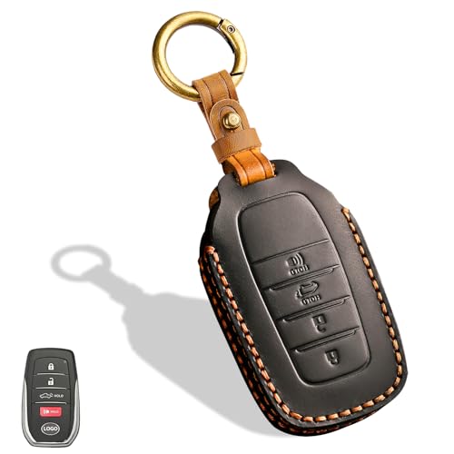 Aoocar Leather Key Fob Cover, Compatible with Toyota Tundra Corolla Cross Venza Sequoia Highlander Avalon RAV4 Camry C-HR Prius, No Screw Design Key Holder Protector(4 Button, Black)