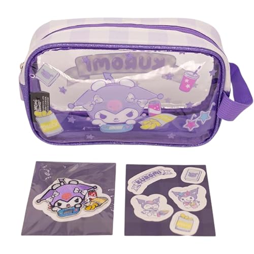 Zonacriativa - Necessaire com adesivos Kuromi Sanrio | Bolsa de plástico para organização e adesivos para personalizar | Ideal para escola e trabalho