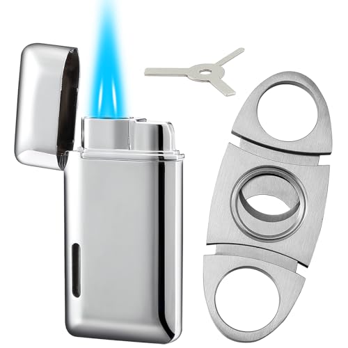 Bbsisgo Cigar Cutter and Lighter Set, Gifts for Men, Double Jet Flame Butane Torch Lighter with Adjustment...