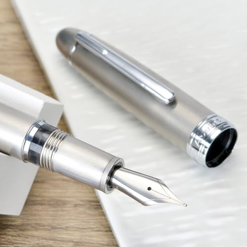 Image of Asvine J16 Brushed Titanium Fountain Pen Jowo Medium Nib Piston Filling, Ink Window, Wrench & Box