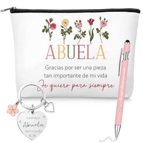 Geiserailie 3 Piezas Regalo para Abuela Neceser de Maquillaje Bolsa de Cosméticos Llavero Bolígrafo de Bola la Mejor Abuela del Mundo Regalo Original para Cumpleaños Día de la Madre Mamá Navidad