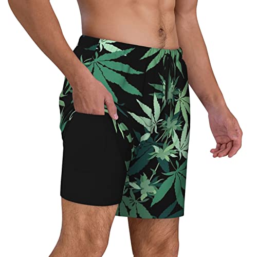 Weed Marijuana Leaf Men's Double Layer Swim Trunks Beach Shorts with Compression Liner Swimwear