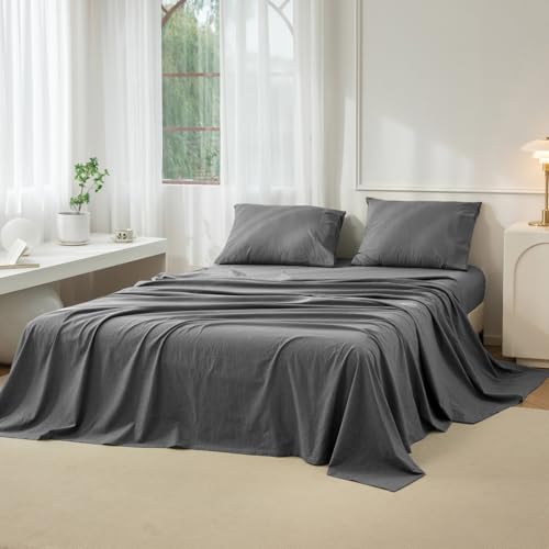 JIYUAN Twin Washed Cotton Sheet Set, 3-Piece, Relaxed Linen Feel - image 1