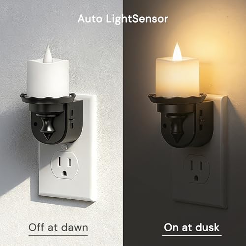 Image of L LOHAS LED Flameless Candle Night Light, Flicker Night Lights Plug into Wall 2 Pack, Soft White Candle Nightlight with Light Sensor, Dimmable LED Flickering Nightlights for Kids Hallway Bathroom