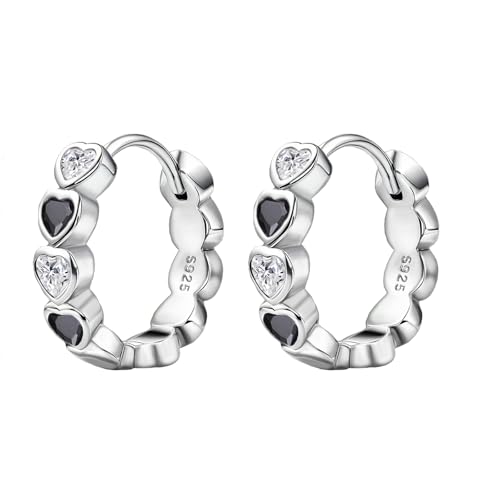 Heart Hoop Earrings with Black White Cubic Zirconia Sterling Silver Love Heart Huggie Earrings Cartilage Tiny Cute Small Huggie Hoops Hypoallergenic for Sensitive Ear for Women Daughter Birthday