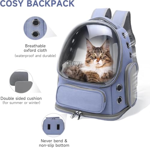 Image of Cawypety Cat Backpack Carrier, Breathable Cat Carrier Pet Backpack for Kitty Small Dog Up to 15Lbs, Transparent & Foldable Pet Carrier for Travel Hiking (Blue., M)