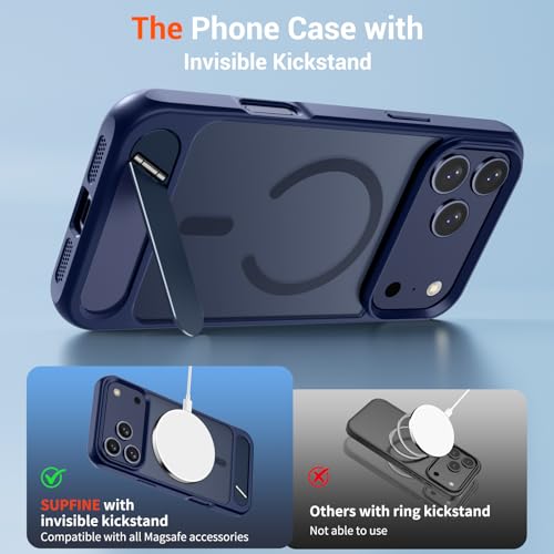 Image of SUPFINE Magnetic for iPhone 17 Pro Max Case Translucent Matte Phone Cover | (Built-in Invisible Kickstand)(Compatible with MagSafe)(Military Grade Drop Protection) Deep Blue
