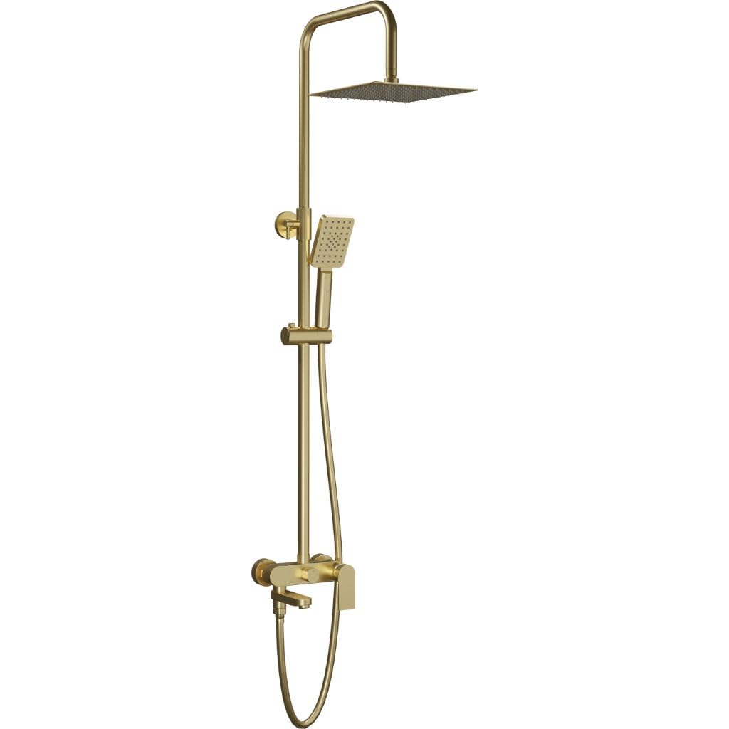 Sistema de Ducha y Baño Nite con Monomando Alpha SUB - Rociador Atlas 25x25 cm - Caño Plegable para Bañera - Altura Ajustable y Mango de 3 Funciones (Oro Cepillado)