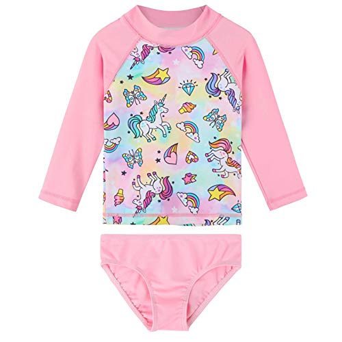 Image of XFGIRLS Girls 2-Piece Swimsuit Long Sleeve Rash Guard Set Toddler 6M-8Y | UPF 50+ blocks 98% UV, Quick-dry, Easy on /off, Bright colors stand out, Machine wash, Breathable, Beach, swim, water park