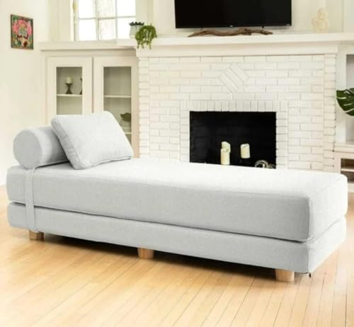 Image of SOUL CRAFT Modern Modular Daybed /Fold-Out Sleeper, Beige, Velvet Fabric, Converts to 2 Single Beds or 1 Queen Bed, with Mattress 203 cm x 74 cm(6.66 ft x 2.43 ft) (White)