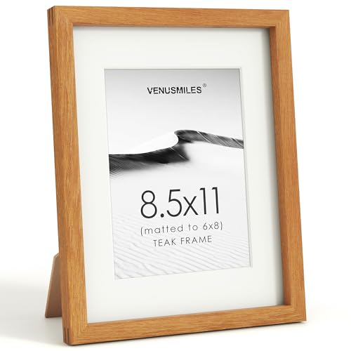 Image of 8.5x11 Picture Frame, USA-Sourced Natural Teak Wood Photo Collage Frame with HD Tempered Glass, Modern Simple 8.5x11 Wooden Frame Matted to 6x8, Gallery Wall Frames for Art, Wall or Tabletop Display