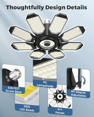 Image of Adiding LED Garage Ceiling Lights 2 Pack w / 8+1 Adjustable Panel, Super Bright 28000LM Deformable Basement Light Bulb Fixture Screw in E26 Socket Base for Indoor Workshop Attic Gym Bay Laundry Utility