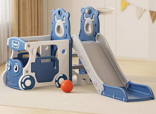 Image of XJD 5 in 1 Toddler Slide, Kids Slide for Toddlers Age 1-3, Outdoor Indoor Playset for Toddlers with Basketball Hoop and Ball (Blue gley, Slide)