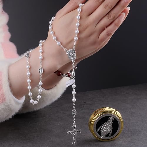 HanlinCC Glass Pearl Beads Catholic Rosary Necklace for Women with Gold Miraculous Gift Box4