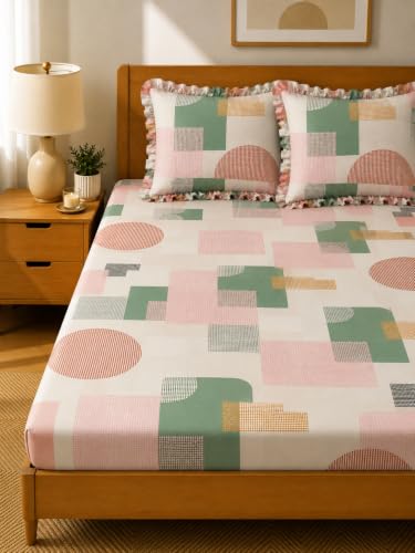 Image of King Size Fitted Bedsheet for Double Bed | 300 TC Cotton Feel Microfiber | All Around Elastic with 2 Frill Pillow Covers | Soft & Durable | (WilburnFrill, Fitted -60x78 Queen)