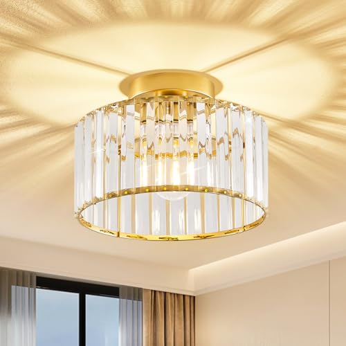 Qamra Moderne Deckenleuchte Gold Kristall Lampenschirm Deckenlampe Metall Rund 27CM Hängend Lampe für Schlafzimmer Wohnzimmer Küche Flur Esszimmer E27(Glühbirnen nicht enthalten)