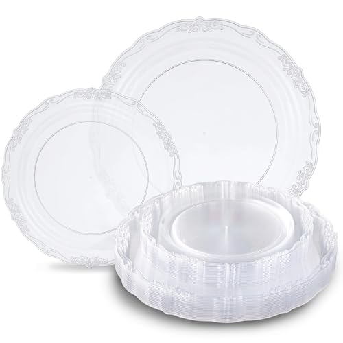 Tinybee 60PCS Clear Plastic Plates - Heavy Duty Clear Disposable Plates Elegant Plastic Plates for Bridal Shower Wedding and Party Including 30 Dinner Plates 10  & 30 Dessert Plates 7.5