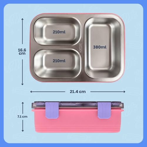 Image of Famyo Stainless Steel Lunch Box for Kids, with 3 Compartments, 800ml (Pink) | Bento Lunch Box | Leakproof Tiffin Box | BPA-Free & Food Safe, Ideal for Meals & Snacks