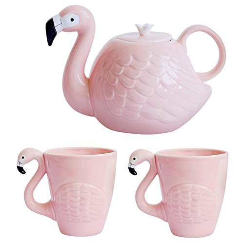 JointVictory Flamingo Coffee Mugs and Teapot Set 15 Ounce Ceramic Flamingo Cups 34 Ounce Porcelain Teapot for Women,Wife Birthday,Mother Day,Girlfriend,Grandma (Set of 3)