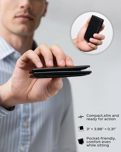 Slim Wallet for Men | Rfid Blocking Bifold Minimalist Front Pocket Wallets | Compact Full Grain Leather ID Credit Card Wallet | Magnetic Closure | Ultra Thin (Carbon Fiber Black)3