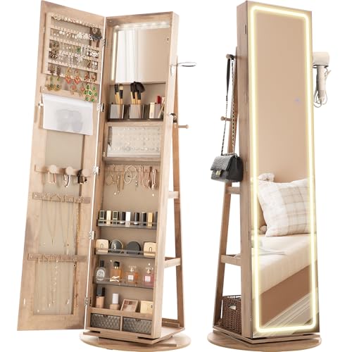 Image of IRONCK LED Mirror Jewelry Cabinet Standing, 360 Swivel Lockable Jewelry Armoire with Full Length Mirror and Adjustable LED Lights, Jewelry Organizers and Storage with 3 Storage Shelves, Toasted Oak