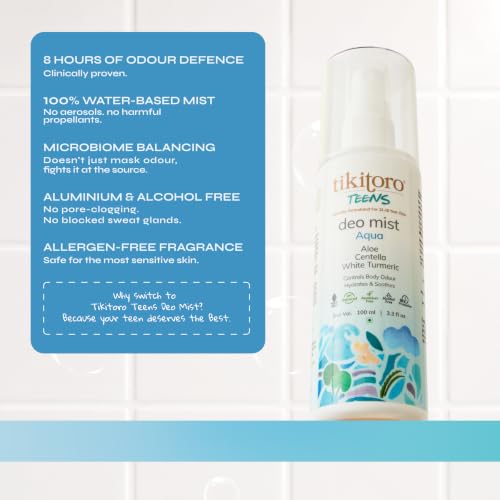 Image of Tikitoro Teens Deo Mist Aqua | Alcohol-Free Deo for Teens with Aloe and Centella | 8 Hr Odour Control | Aluminium and Allergen Free Refreshing Fragrance for Girls and Boys (Age: 11+) (100ml x 1)