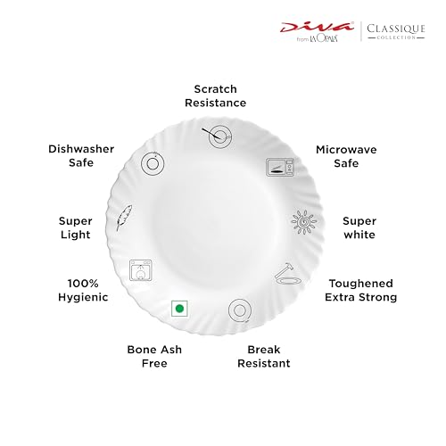 Image of La Opala Diva Classique Collection Opal Glass Crockery | for Family of 8 | Dinner Set 61 pcs Mystrio Black | Plates & Bowls for Dining | Microwave Safe | 100% Vegetarian | Extra Strong | White