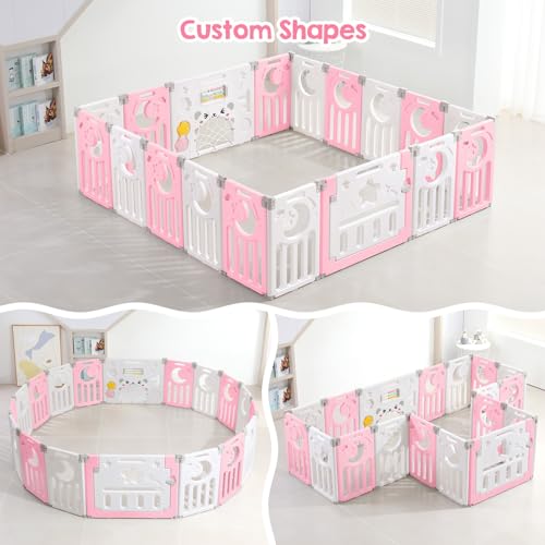 Baby Playpen, Dripex Baby Playard for Babies and Toddlers, 18-Panel Foldable Playpen Adjustable Portable Play Area, Indoor/Outdoor Kids Active Center with Game Panel & Safety Gate, Pink White