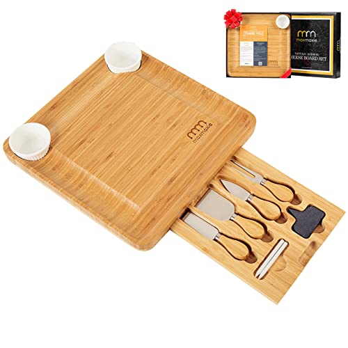 Maxmoxie Bamboo Cheese Board And Cutlery Set, Wooden Kitchen Charcuterie Board, Cheese Tray Serving Platter, Unique Gift For Families #TOP5