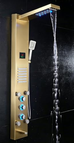 Image of ELLO&ALLO LED Stainless Steel Bathroom Shower Panel Tower System, Rainfall Waterfall Shower Head Rain Massage System with Body Jets, Brushed Gold