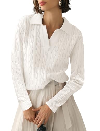 Micoson Fall Sweaters for Women Collared V Neck Knit Pullover Long Sleeve Business Casual Tops Slouchy Warm Jumpers (White,M)