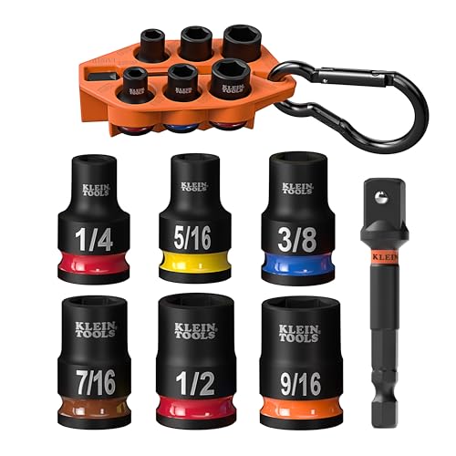 Klein Tools 33808 Grab-And-Go Impact Socket Set, SAE, 7-Piece Set with Sleeve, Carabiner, and 3/8-Inch Drive, Color-Coded 1/4, 5/16, 3/8, 7/16, 1/2, and 9/16-Inch Sockets