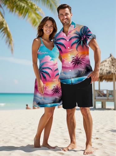 Image of DRESSFO Couple Matching Hawaiian Outfits Gothic Print V Neck Spaghetti Strap Dress or Roll Up Sleeve Shirts Outfit